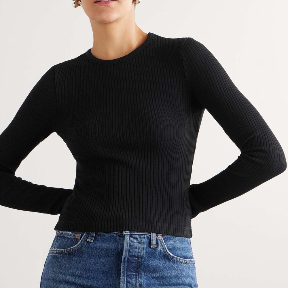 Agolde Black Ribbed Long-Sleeve Crewneck Top